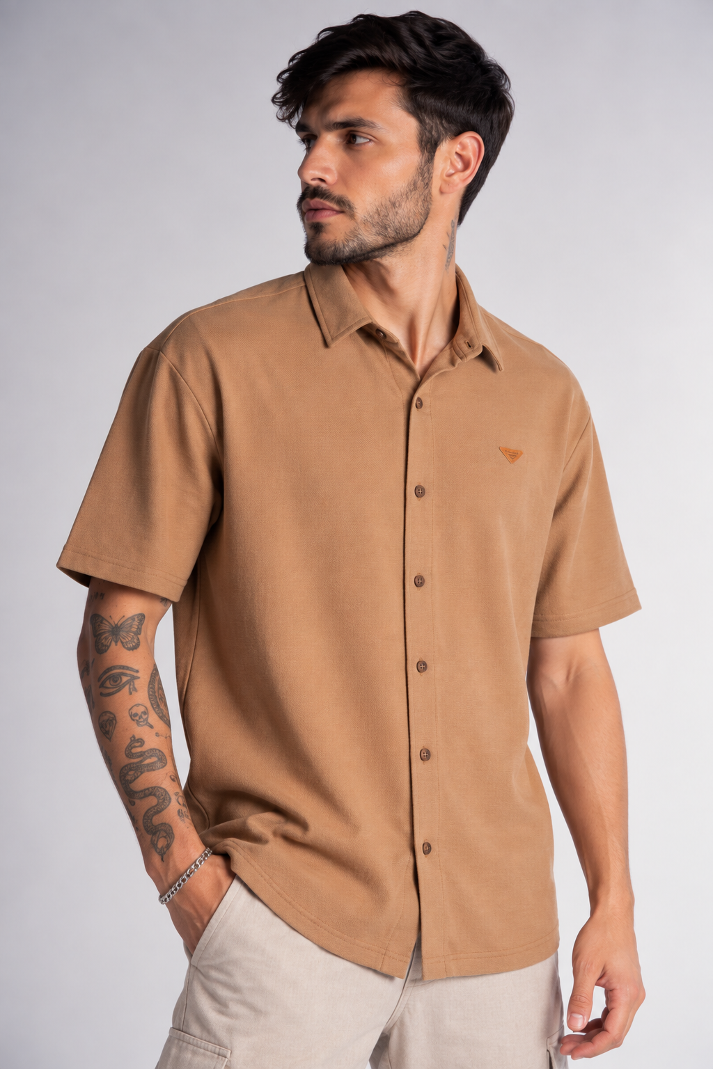 Plus Camisa Camisa Textura Mont Café